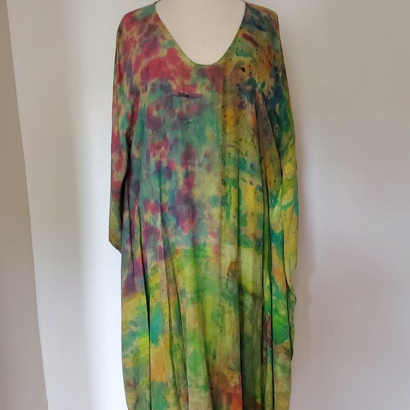Hand Crafted Dresses & Skirts - NEW Silk Caftan Kaftan african batik tunic resort S M L XL green red yellow blue